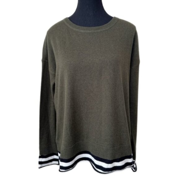 Lisa Todd Womens Small Cashmere Crew Neck Striped Dark Green Sweater - Picture 1 of 15